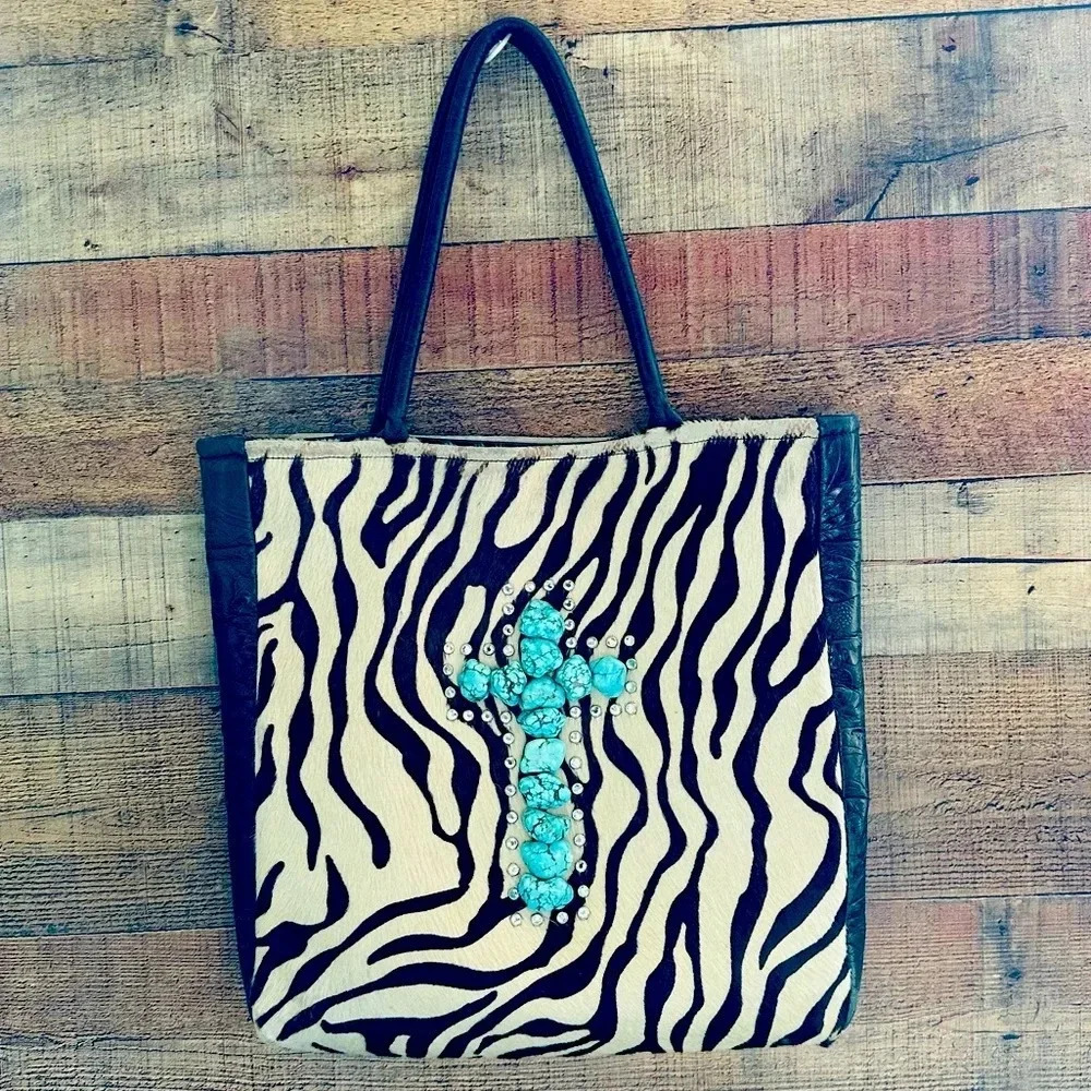 Kurtmen Designs Cowhide W Turquoise Nugget and Crystal Tote Bag